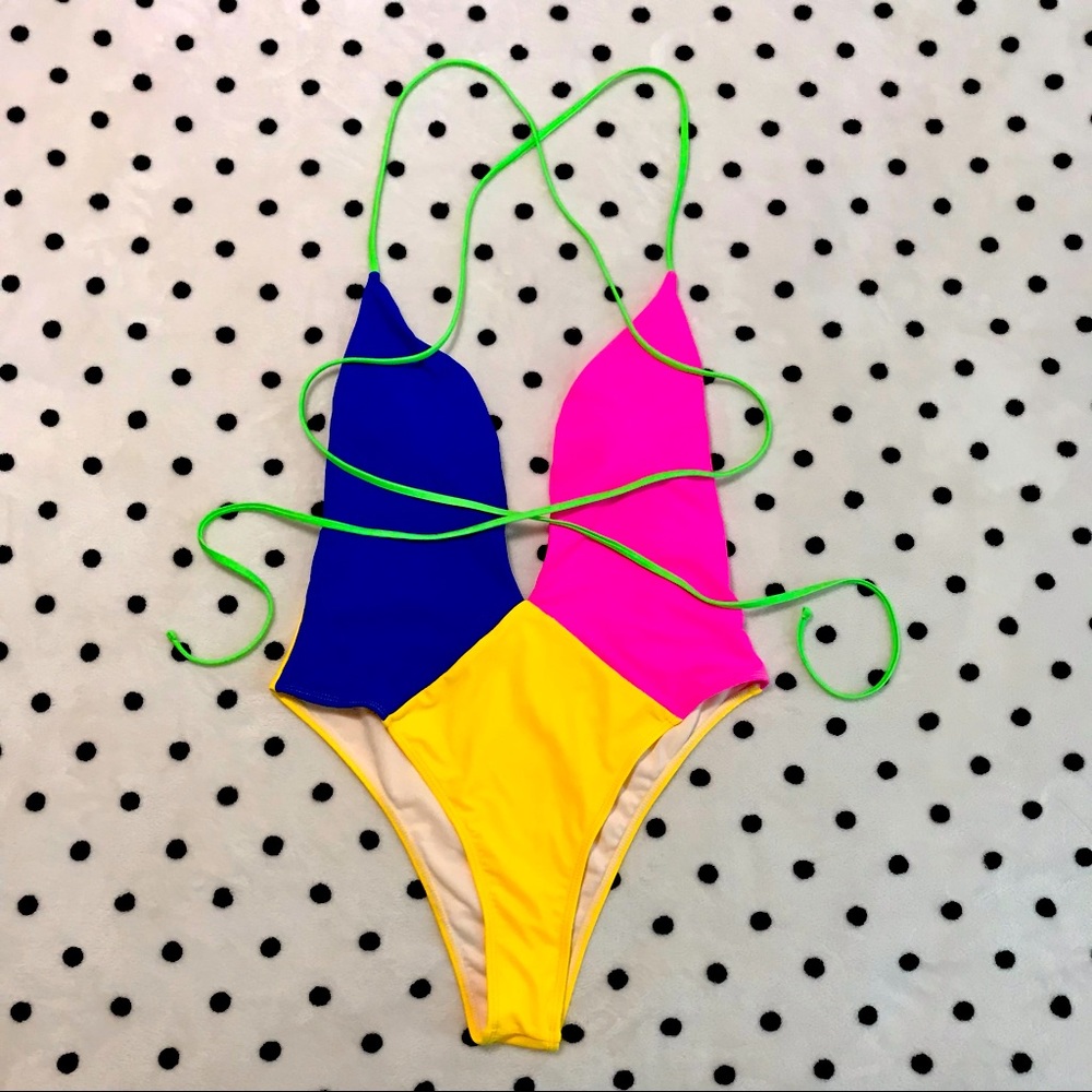 Sexy Plunge One Piece Colorblock Swimsuit Size Large
